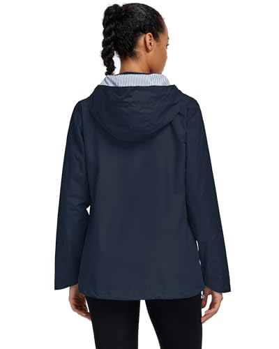 Hount Womens Waterproof Raincoat Lightweight Packable Striped Lined Rain Jacket Casual Travel Outdoor Hooded Jakctes - color: Navy Blue, size: XX-Large