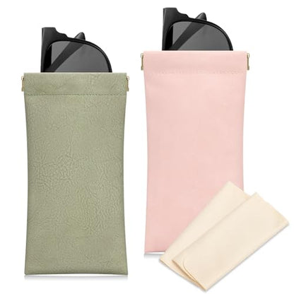 Sightor Sunglass Case, 2 Pcs Soft Eyeglass Cases for Women Portable Squeeze Top Leather Glasses Pouch - color: Rose, Green