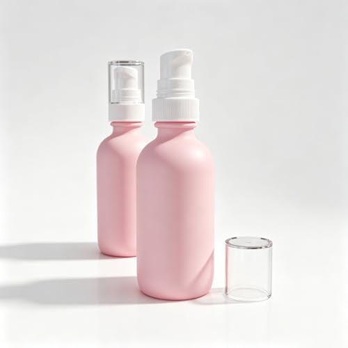 12Pack 60ml Pink Glass Pump Bottle with White Top,2oz Small Dispenser, Travel Size Refillable Botttles for Lotions,Sercums,Essential Oils (2oz Pink) - color: 2oz Pink