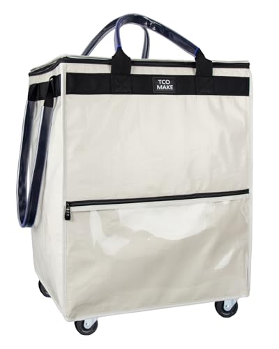 (Large, Beige) Reusable Grocery Bag on Wheels, Shopping Bags with Wheels and Handle, Folding Rolling Tote, Zipper Cover, Carries Up to 76 LBS, for Laundry, Picnic - color: Beige, size: Large
