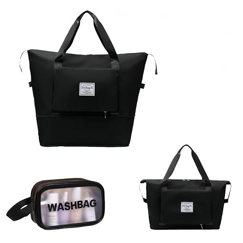 Large Capacity Foldable Travel Bag, Expandable lightweight Carry on Bag, Dry with Wet Separation Spor Duffel Bags (Black+Toiletry Bag) - color: Black+Toiletry Bag