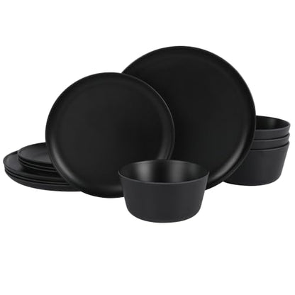 Gibson Home Fairhope 12-Piece Matte Black Melamine Dinnerware Set – Durable Lightweight Plates and Bowls, Kitchen Dining Set - color: Matte Black (Fairhope), size: Service for Four (12pcs)