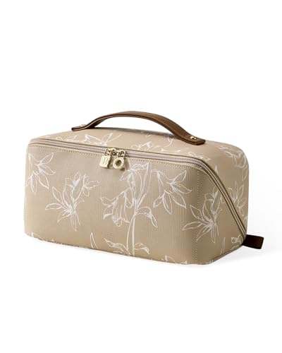 EACHY Travel Makeup Bag, Large Capacity Cosmetic Bags for Women, Waterproof Portable Pouch Open Flat Toiletry Bag Pattern Makeup Bag (F-Brown) - color: AC-Brown, size: Medium