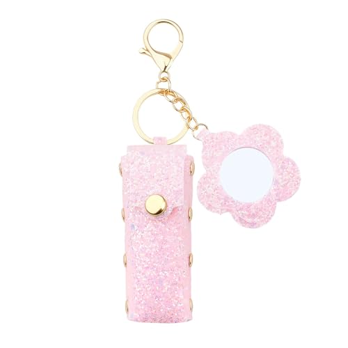 Sisadodo Glitter Lip Oil Holder Key Chains for Woman Lipstick Case with Mirror Lip Balm Keychain for Lipstick Case Keychain - color: Pink-flower