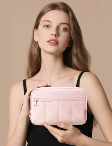 Noozion Makeup Bag Travel Toiletry Bag, Puffy Padded Cosmetic Bag for Women, Makeup Organizer Case, Wide-open Pouch Purse, Travel Essentials - color: Pink