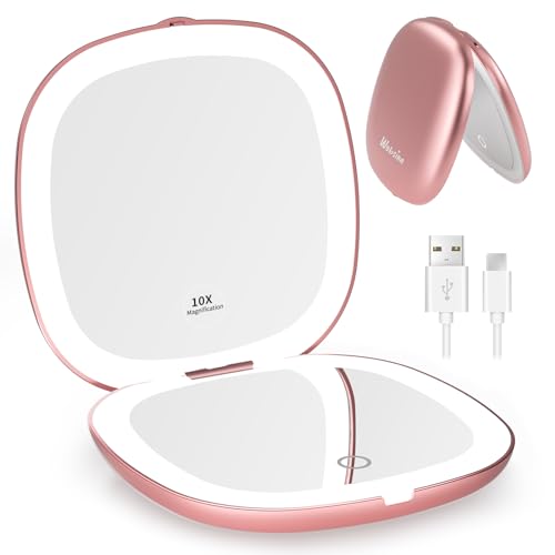 WOBSION Rechargeable Lighted Travel Makeup Mirror,1x/10x Compact Magnifying Mirror with Lights,Portable for Bag,4inch,Gift,Rose Gold - color: Rose Gold
