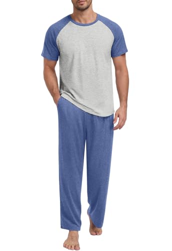 Yincro Mens Pajamas Set Lightweight Loungewear Short Sleeve Top and Pants Soft Sleepwear Pjs Sets - color: Navy Blue-light Gray, size: XX-Large