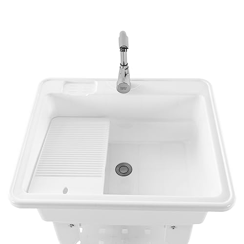 Laundry Sink, Freestanding Plastic Laundry Sink With Washboard Utility Sink Laundry Tub Indoor and Outdoor Utility Sink with Faucet Hoses Drain Kit for Laundry Room Washing Room Garden Garage - color: 25.6*21.65*31.5in -White
