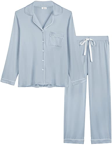 Cherrydew Women Bamboo Viscose Pajama Sets Super Soft Comfy Breathable Cooling Sleepwear Long Sleeve Button Down Loungewear - color: Dusty Blue, size: Small