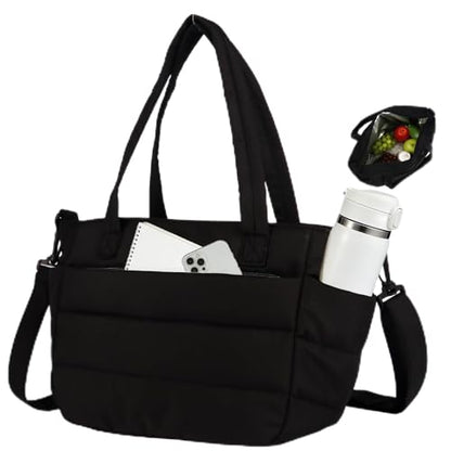 Lunch Bag Women Puffy Quilted Tote Bag Stylish Insulated Lunch Tote Bag with Large Capacity and Shoulder Strap Portable Lunch Cooler Bags for Women, Work Office, Travel, Picnic, Meal Prep - color: Black
