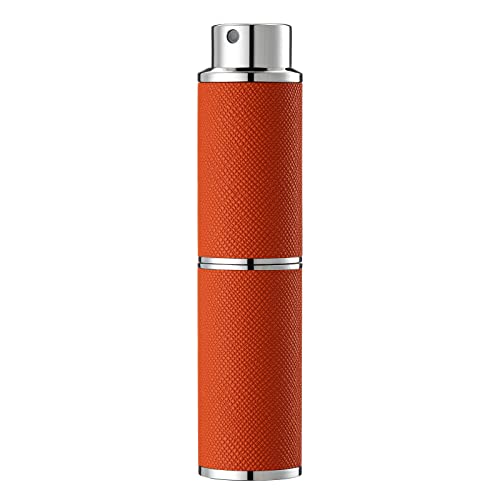 Travel Perfume Bottle Refillable - 8ML Leather Empty Mini Cologne Spray Atomizer Men - Small Fragrance Sample Sprayer - Portable Refill Travel Essentials Container with Orange - color: Orange