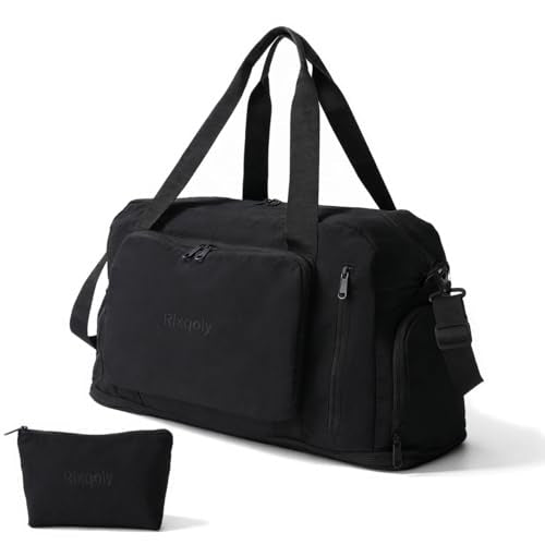 Travel Duffel Bag, 30–40L Expandable Weekender Bag with Shoe Compartment, Foldable Carry On Travel Bag with Wet Pocket and Matching Pouch - color: Black