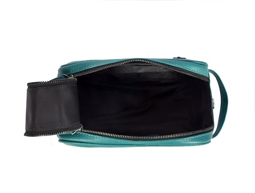 10" Premium Leather Toiletry Travel Pouch With Waterproof Lining | King-Size Handcrafted Vintage Dopp kit By Aaron Leather Goods (Steel Blue) - color: Steel Blue