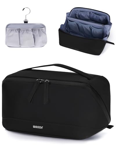 WANDF Toiletry Bag for Men, PU Leather Travel Organizer with Detachable Waterproof Hanging Pouch, Open-Flat Dopp Kit Shaving Bag with Wet Pocket for Travel Toiletries Accessories (Black) - color: Black