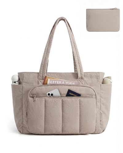 BAGSMART Tote Bag for Women, 2 Set Tote Bag with Zipper, Quilted Nurse Handbags for Work Travel College | 20L Capacity - color: Camel