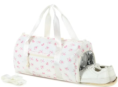 Gym Bag Sports Duffle Bag with Wet Pocket Weekender Overnight Bags with Waterproof Shoe Pouch and Air Hole for Girls Kids Women Workout Travel Bags (Bow Flower-Beige) - color: Bow Flower-Beige