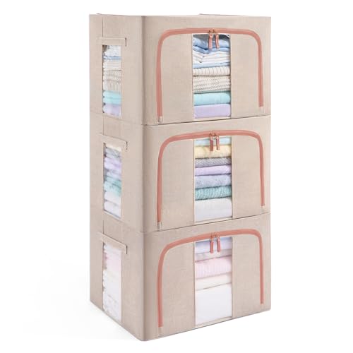 GuliPostan 3 Pack 100L Stackable Clothes Storage Bins with Metal Frame Handles & Zipper, Collapsible Closet Organizer Box with Lid for Bedding Blankets Towel (Beige) - color: Beige, size: Extra Large-100L (3 Pack)