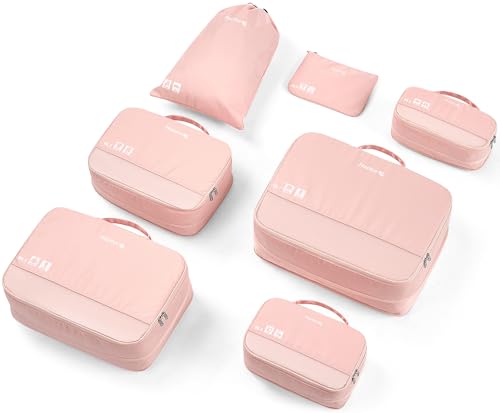 Hanke 7 Set Compression Packing Cubes for Travel, Expandable Large Packing Cubes for Suitcases and Backpack, Luggage Packing Organizer Bags with Double Zipper as Travel Essentials