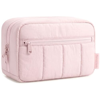 Noozion Makeup Bag Travel Toiletry Bag, Puffy Padded Cosmetic Bag for Women, Makeup Organizer Case, Wide-open Pouch Purse, Travel Essentials - color: Pink