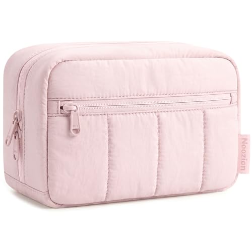 Noozion Makeup Bag Travel Toiletry Bag, Puffy Padded Cosmetic Bag for Women, Makeup Organizer Case, Wide-open Pouch Purse, Travel Essentials - color: Pink