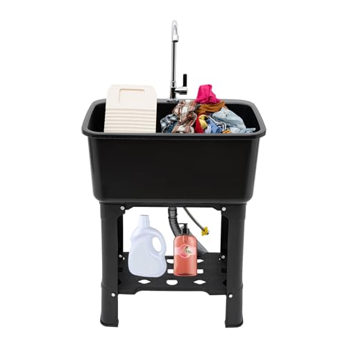 Laundry Sink, Freestanding Plastic Laundry Sink With Washboard Utility Sink Laundry Tub Indoor and Outdoor Utility Sink with Faucet Hoses Drain Kit for Laundry Room Washing Room Garden Garage - color: 23.62*15.75*30.12in -Black