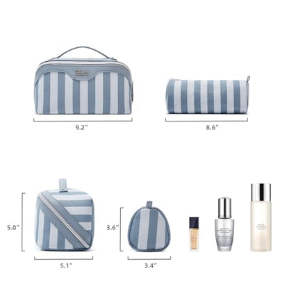 BOYATU Travel Makeup Bag Cosmetic Bag for Women: 3 Pcs Set Striped Make up Bag with Compartments - Waterproof Vegan Leather Toiletry Bags with Handle - Makeup Organizer for Travel Essentials(A-1-Blue) - color: A-1-Blue