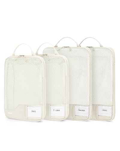 ECOHUB 4 Set Compression Packing Cubes for Travel Essentials, Suitcases Organizer Bags with Tag, Travel Bags Organizer for Luggage, Beige-Compress - color: Beige-Compress
