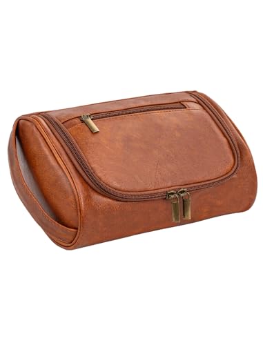 Mens Toiletry Bag, Compact Dopp Kit for Men Travel, PU Leather Shaving Kit, Water-Resistant Minimalist Organizer with Wrist Strap, Travel Toiletry Bag, Gift for Men,Small 9X5.9X3 Inch Brown - color: Brown, size: S(9x5.9x3.3")