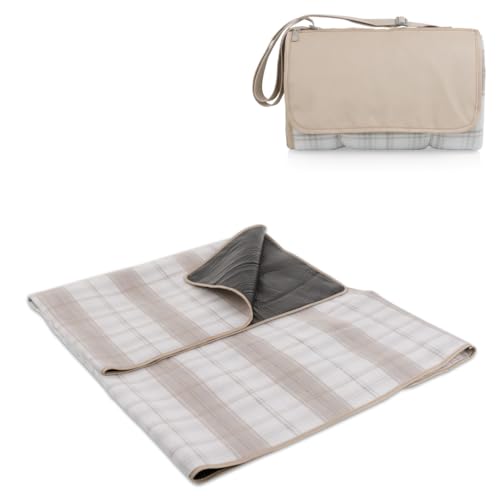 Picnic TIME Outdoor Picnic Blanket Tote, 59"x51" Foldable Beach & Camping Blanket with Soft Fleece, Water-Resistant Bottom, Adjustable Strap & Zippered Pocket (Neutral Plaid) - color: Neutral Plaid
