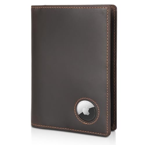 Polare Slim RFID Blocking Leather Passport Holder Travel Bifold Wallet For Men (Dark Brown with AirTag Holder) - color: Dark Brown with AirTag Holder