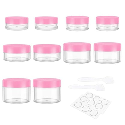 10 Pieces Travel Size Containers, 3/5/10/15/20 Gram Small Travel Containers for Cream, Lotion, Lip Balm and Toiletries, Leak Proof Sample Jars With Labels & Spatulas, Pink - color: Pink