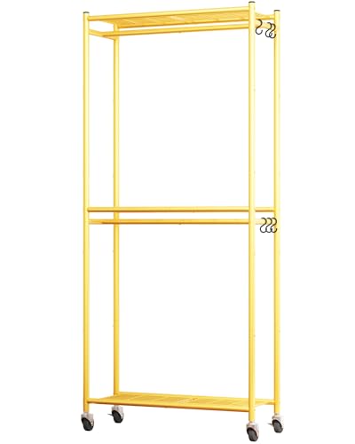 Sakugi Clothes Rack - 33.0" x 12.2" x 79.5" Clothing Rack with Shelves & Wheels, Multi-Functional Wardrobe Closet with Hooks, Sturdy Metal Garment Rack for Bedroom, Laundry, Balcony (Gold) - color: Gold, size: Large