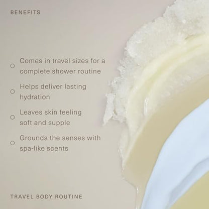 Oak Essentials Travel Body Routine, 5-Piece Body Care Set: Wash, Scrub, Lotion, Oil and Balm, Linen Bag Included, Gift Set for Women, TSA-Friendly Travel Sizes