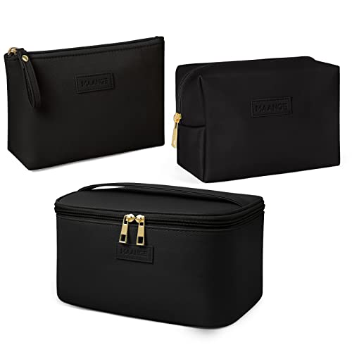MAANGE Makeup Bag - Large Cosmetic Bag with 2pcs Small Makeup Bags Portable Leather Travel Makeup Bag Set Toiletry Bag Make Up Bags for Women and Girls (Black) - color: Black