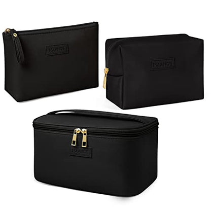 MAANGE Makeup Bag - Large Cosmetic Bag with 2pcs Small Makeup Bags Portable Leather Travel Makeup Bag Set Toiletry Bag Make Up Bags for Women and Girls (Black) - color: Black