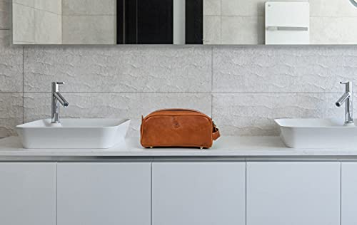 Leather Toiletry Bag for Men | Grooming Travel Kit | With Waterproof Lining | By Aaron Leather Goods - color: Tawny