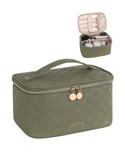 Prite Makeup Bag, Large Capacity Cosmetic Bag for Women and Girls, Waterproof PU Leather Travel Case with Handle, Divider for Skincare and Brushes - Checkered Green - color: Checkered Green