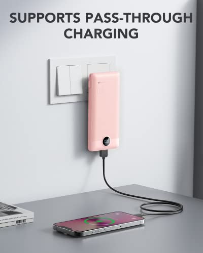VRURC Portable Charger Built-in Cables and AC Wall Plug,USB C Power Bank 10000mAh, Travel Essentials Phone Charger Compact Lightweight External Battery Pack for Smart Phones, Tablets etc-Pink - color: Pink