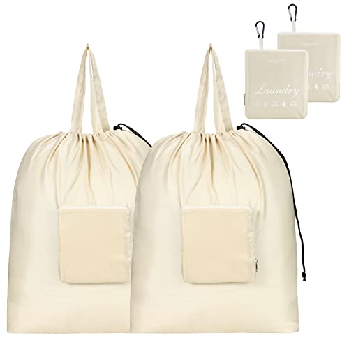 GOGOODA Travel Laundry Bags with Drawstring Closure XL Large Foldable Dirty Clothes bags with Handle Heavy Duty and Washable for College Dorm Travelling Camping, 2 Pack, Beige - color: Beige