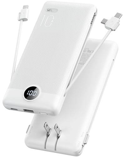VRURC Portable Charger with Cables and Wall Plug | Power Bank with Cords | 10000mAh Portable Charger with AC Plug | External Battery Pack (Pure White) - color: White