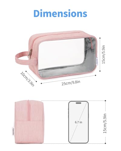 Narwey Clear Travel Toiletry Bags for Traveling Toiletries Men Women, Clear Makeup Bag Cosmetic Bag with Zipper, Make Up Pouch Organizer Bag with Handle, Skincare Beach Snack Medicine Bag, Pink - color: Clear-Pink