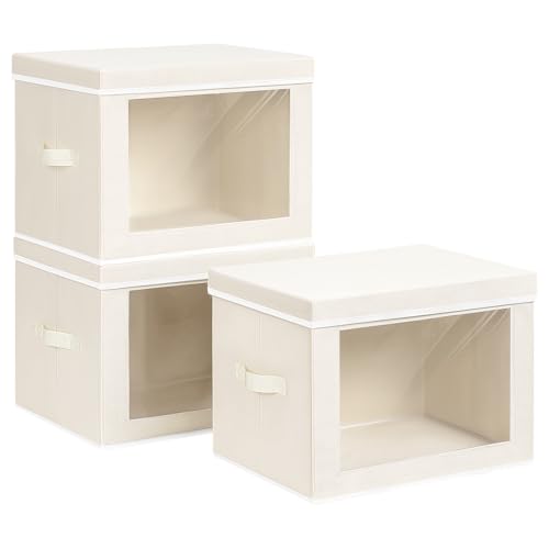 Homsorout Storage Bins with Lids, 3 Pack Large Storage Cubes with Window, Closet Bins with Lids & Handles, Fabric Box for Organizing Clothes, Towels, Books, Beige - color: Beige, size: XL(3-Pack)