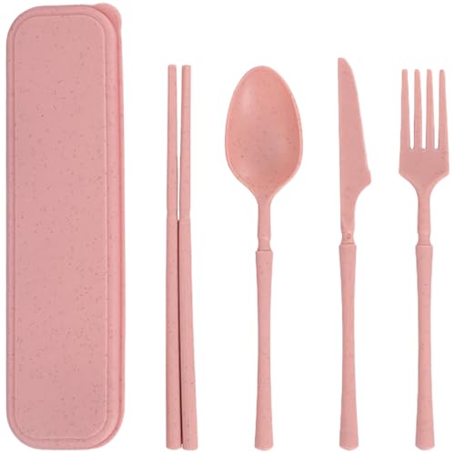 Reusable Travel Utensils Set with Case, Wheat Straw Portable Plastic Fork Spoon Knife Chopsticks Camping Cutlery, Eco-Friendly BPA Free Tableware Picnic Flatware for Kids Adults or Daily Use (Pink) - color: Pink