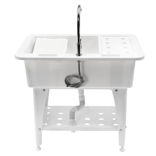 Laundry Sink, Freestanding Plastic Laundry Sink With Washboard Utility Sink Laundry Tub Indoor and Outdoor Utility Sink with Faucet Hoses Drain Kit for Laundry Room Washing Room Garden Garage - color: 32.28*22.44*29.92in -White