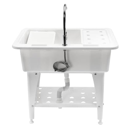 Laundry Sink, Freestanding Plastic Laundry Sink With Washboard Utility Sink Laundry Tub Indoor and Outdoor Utility Sink with Faucet Hoses Drain Kit for Laundry Room Washing Room Garden Garage - color: 32.28*22.44*29.92in -White