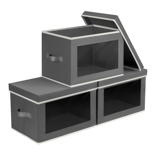 Homsorout Storage Bins with Lids - Small Fabric Organizers with Window, Collapsible Storage Bins for Clothes, Decorative Closet Organizers for Towels, Tshirt, 3 Pack, Dark Grey - color: Dark Grey, size: S(3-Pack)