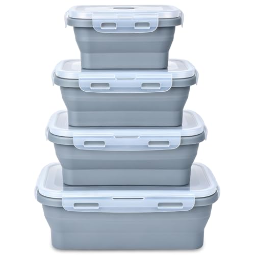 Collapsible Silicone Food Storage Containers 4 Set Airtight Leak Proof Food Containers with Lids Stackable Meal Prep for Microwave Freezer Dishwasher for Kitchen Camping Office Gray - color: Gray