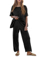 Tankaneo Women's 2 Piece Travel Outfits Casual Short Sleeve Knit Sweater Set Wide Leg Pants Lounge Sets Tracksuit - color: Black/Flower, size: Small