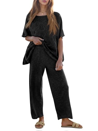 Tankaneo Women's 2 Piece Travel Outfits Casual Short Sleeve Knit Sweater Set Wide Leg Pants Lounge Sets Tracksuit - color: Black/Flower, size: X-Large