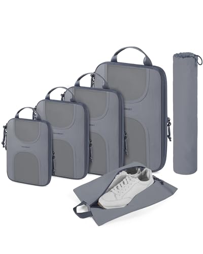 BAGSMART Compression Packing Cubes, 6 Set Packing Cubes for Suitcases, Lightweight Suitcases Organizers Bag Set & Compression Travel Cubes, Travel Essentials Packing Organizers - color: 04-Grey